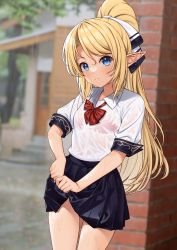 Rule 34 | 1girl, absurdres, black skirt, blonde hair, blue eyes, blurry, blurry background, bow, bowtie, breasts, brick wall, cowboy shot, day, elf, enjo kouhai, hair ribbon, highres, iris (takunomi), light blush, long hair, looking at viewer, outdoors, pointy ears, ponytail, red bow, red bowtie, ribbon, see-through, shirt, short sleeves, skirt, solo, takunomi, thighs, very long hair, wet, wet clothes, white ribbon, white shirt, wing collar, wringing clothes, wringing skirt