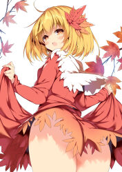 Rule 34 | 1girl, aki shizuha, ass, blonde hair, flat chest, highres, huge ass, open mouth, sakurame, short hair, simple background, solo, touhou, white background