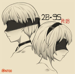 Rule 34 | 1boy, 1girl, bad id, bad pixiv id, blindfold, blush, choker, comic, cover, cover page, covered eyes, from side, greyscale, hairband, monochrome, nier (series), nier:automata, nt00, patreon username, portrait, short hair, 2b (nier:automata), 9s (nier:automata)