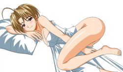 Rule 34 | 1girl, ahoge, artist request, ass, bed, bed sheet, blush, bottomless, breasts, brown eyes, brown hair, clothes lift, feet, konno mitsune, large breasts, love hina, naked sheet, short hair, skirt, skirt lift, smile, solo