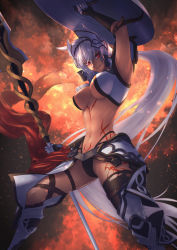 Rule 34 | 1girl, absurdres, animal ears, arm up, armor, armpits, bikini, body markings, breasts, caenis (fate), cleavage, dark-skinned female, dark skin, elbow gloves, fate/grand order, fate (series), faulds, gauntlets, gloves, grin, halterneck, halterneck, headpiece, highleg, highleg bikini, highres, huge filesize, large breasts, looking at viewer, pauldrons, polearm, red eyes, shield, shoulder armor, smile, solo, spear, swimsuit, t800, thighs, weapon, white hair