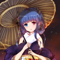 Rule 34 | 1girl, alternate hairstyle, azur lane, blue hair, blunt bangs, commentary request, detached sleeves, fur scarf, habu rin, hair ornament, heterochromia, highres, holding, holding umbrella, horns, ibuki (azur lane), ibuki (winter sylph&#039;s reverie) (azur lane), japanese clothes, long hair, looking at viewer, multiple horns, night, night sky, obi, official alternate costume, oil-paper umbrella, parted lips, sash, sidelocks, sky, smile, solo, star (sky), starry sky, umbrella, wide sleeves