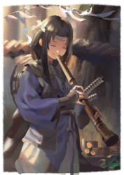 Rule 34 | 1girl, brown hair, character request, closed eyes, closed mouth, commentary, cowboy shot, ghost of tsushima, headband, highres, holding, holding instrument, instrument, long hair, long sleeves, music, playing instrument, psi (583278318), rope, shimenawa, sidelocks, smile, solo
