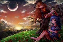 Rule 34 | 2girls, :o, animal ears, bad id, bad pixiv id, black dress, black headwear, blonde hair, blue dress, blue hair, bobby socks, cloud, commentary request, crescent moon, dress, earclip, flower, frilled skirt, frills, grass, hat, hill, holding, holding flower, junko (touhou), kayon (touzoku), long hair, looking at another, low twintails, moon, mountain, multiple girls, no shoes, on ground, outdoors, pink legwear, puffy short sleeves, puffy sleeves, rabbit ears, rabbit tail, red eyes, red sky, seiran (touhou), short sleeves, sitting, skirt, sky, smile, socks, star (sky), starry sky, sunset, tabard, tail, touhou, tree, twilight, twintails, very long hair, yellow eyes