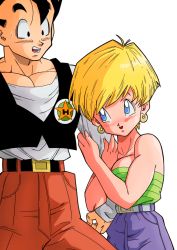 Rule 34 | 1girl, badge, bare shoulders, belt, blonde hair, blue eyes, blush, breasts, cowboy shot, dragon ball, dragonball z, earrings, happy, highres, hoop earrings, erasa (dragon ball), jewelry, large breasts, legs, looking at another, looking down, looking up, open mouth, pants, red pants, short hair, simple background, size difference, smile, son gohan, standing, strapless, sweatdrop, thighs, white background, yamamoto doujin