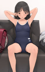 Rule 34 | 1girl, absurdres, armpits, arms behind head, arms up, backpack, bag, black eyes, black hair, blue one-piece swimsuit, breasts, chalorine150, couch, highres, indoors, long hair, one-piece swimsuit, original, randoseru, school swimsuit, sitting, small breasts, solo, spread legs, swimsuit, thighs, unworn backpack, unworn bag