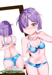 Rule 34 | 1girl, ass, belly, blue bra, blue panties, blush, blush stickers, bow, bra, breasts, closed mouth, commission, eien project, green eyes, hair ornament, hairclip, looking at viewer, mirror, navel, nose, panties, purple hair, ribbon, short hair, simple background, small breasts, solo, table, thighs, underwear, underwear only, unworn clothes, virtual youtuber, white background, zumi dokumi