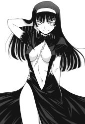 Rule 34 | 1girl, arm up, bags under eyes, breasts, center opening, comic, cynthia the mission, dress, empty eyes, female focus, formal, greyscale, hair flip, hairband, hand in own hair, highres, kuga araya, long hair, looking at viewer, monochrome, navel, no bra, open clothes, open dress, scar, side slit, smile, solo, standing, takatou rui