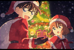 Rule 34 | 1boy, 1girl, :d, :o, bad id, bad pixiv id, bag, bell, black-framed eyewear, black gloves, blue eyes, bow, bowtie, box, capelet, child, christmas tree, coat, edogawa conan, from below, fur-trimmed capelet, fur-trimmed coat, fur-trimmed headwear, fur trim, gift, gift bag, gift box, glasses, gloves, green eyes, hage ta, haibara ai, hat, holding, holding bag, holding bell, holding box, long sleeves, meitantei conan, merry christmas, open mouth, outdoors, over-rim eyewear, pink ribbon, red bow, red capelet, red coat, red headwear, red neckwear, ribbon, santa costume, santa hat, semi-rimless eyewear, smile, snowing, standing