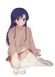 Rule 34 | 1girl, blue hair, blush, brown eyes, brown skirt, brown sweater, closed mouth, dot nose, flat chest, full body, highres, idolmaster, idolmaster (classic), idolmaster 1, idolmaster million live!, idolmaster million live! theater days, kisaragi chihaya, long hair, long sleeves, looking at viewer, lunim (roo 0 0), paper airplane, pleated skirt, shoes, simple background, sitting, skirt, sneakers, solo, sweater, thighhighs, twitter username, white background, white footwear, white thighhighs, yokozuwari