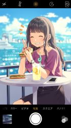 Rule 34 | 1girl, ^ ^, bad id, bad pixiv id, blue sky, blurry, blurry background, blush, brown hair, brown skirt, cellphone, chair, cityscape, closed eyes, clothes writing, cloud, cloudy sky, crazy straw, cup, day, depth of field, drink, drinking glass, drinking straw, earrings, eating, facing viewer, ferris wheel, fingernails, food, fruit, grin, highres, holding, holding food, jewelry, kim bae-eo, lemon, lemon slice, long hair, nail polish, ocean, original, outdoors, phone, fake phone screenshot, purple nails, purple shirt, sandwich, ship, shirt, short sleeves, sitting, skirt, sky, smartphone, smile, solo, table, translation request, v, watch, water, watercraft, wristwatch