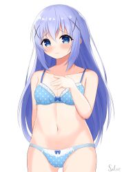 Rule 34 | 1girl, absurdres, arm behind back, artist name, blue bra, blue panties, blush, bow, bow bra, bow panties, bra, breasts, closed mouth, commentary, cowboy shot, crotch seam, frilled bra, frills, frown, gochuumon wa usagi desu ka?, hand on own chest, highres, kafuu chino, long hair, looking at viewer, navel, panties, polka dot, polka dot bra, polka dot panties, salve (lindasakura), signature, simple background, small breasts, solo, standing, underwear, underwear only, white background