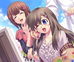 Rule 34 | 2girls, ^ ^, blue eyes, brown hair, dutch angle, closed eyes, finger to face, finger to mouth, food, hair ornament, hairclip, ice cream, jewelry, kanon, long hair, misaka shiori, multiple girls, aged up, one eye closed, open mouth, painting (action), palette (object), pendant, shawl, wince, wink, zen