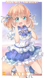 Rule 34 | 1girl, 365 days (love live!), :d, aqua eyes, blue bow, blue bowtie, blue ribbon, blue skirt, blue sky, blush, bow, bowtie, character name, commentary request, cowboy shot, crossed bangs, dated, frilled shirt, frilled skirt, frills, hair ribbon, hands up, happy birthday, heart, highres, hinoshita kaho, layered skirt, legs up, link! like! love live!, looking at viewer, love live!, medium hair, miniskirt, open mouth, orange hair, ribbon, shirt, short sleeves, skirt, sky, smile, solo, spoken heart, striped bow, striped bowtie, striped clothes, striped ribbon, takecho, two side up, virtual youtuber, white shirt