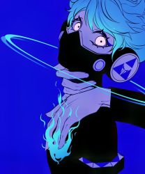 Rule 34 | 1boy, blue background, blue fire, blue hair, blue theme, cibeibugushanx, covered mouth, eyelashes, fire, from side, glowing, glowing eyes, halo, hand on another&#039;s chest, hand on another&#039;s neck, headphones, long hair, looking at viewer, male focus, mask, ortho shroud, out of frame, respirator, short hair, simple background, twisted wonderland, upper body, wavy hair