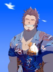Rule 34 | 1boy, ^ ^, alternate costume, bara, bird, blue background, blush, brown hair, closed eyes, facial hair, facing viewer, fate/grand order, fate (series), goatee, grin, hawaiian shirt, highres, large pectorals, long sideburns, male focus, mature male, muscular, muscular male, napoleon bonaparte (fate), partially unbuttoned, pectoral cleavage, pectorals, shirt, short hair, sideburns, smile, solo, thick eyebrows, upper body, yamasaka daisuke