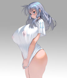 Rule 34 | 1girl, :o, blue eyes, breasts, commentary request, curvy, gradient background, grey background, highres, huge breasts, kouno (masao), long hair, nipples, original, parted lips, see-through, shirt, silver hair, solo, thick thighs, thighs, white shirt