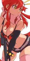 Rule 34 | 1girl, aonori misuji, bikini, bikini top only, breasts, cleavage, commentary request, fingerless gloves, gloves, gun, hair ornament, large breasts, long hair, looking to the side, navel, red hair, rifle, scarf, sniper rifle, swimsuit, tengen toppa gurren lagann, thick thighs, thighhighs, thighs, weapon, yellow eyes, yoko littner