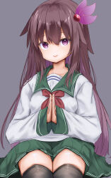 Rule 34 | 1girl, black thighhighs, brown hair, commentary request, green sailor collar, grey background, hair ornament, highres, kantai collection, kisaragi (kancolle), kisaragi kai ni (kancolle), logiclr, long hair, long sleeves, neckerchief, own hands together, purple eyes, red neckerchief, sailor collar, school uniform, serafuku, simple background, solo, thighhighs