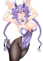 Rule 34 | 1girl, animal ears, bare shoulders, black leotard, black pantyhose, blue eyes, blush, braid, breasts, cleavage, covered navel, cuffs, detached collar, dura, fake animal ears, hair between eyes, hair ornament, handcuffs, high heels, highres, large breasts, leotard, long hair, looking at viewer, neptune (series), open mouth, pantyhose, playboy bunny, power symbol, power symbol-shaped pupils, purple hair, purple heart (neptunia), rabbit ears, skin tight, solo, standing, standing on one leg, symbol-shaped pupils, twin braids, twintails, very long hair