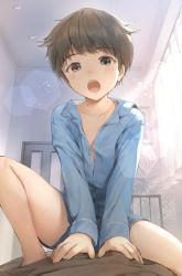 Rule 34 | 1boy, bed, bedroom, blue shirt, blush, boy on top, brown eyes, brown hair, child, cocolo (co co lo), collarbone, from above, highres, lens flare, long sleeves, looking at viewer, male focus, open mouth, original, pajamas, pov, shirt, solo focus, sunlight, window