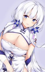 Rule 34 | 1girl, absurdres, ahoge, aircraft, arashiki mamizu, azur lane, blue eyes, blush, breasts, bursting breasts, china dress, chinese clothes, cleavage, commentary request, dress, folded fan, folding fan, garter straps, hand fan, highres, huge breasts, illustrious (azur lane), illustrious (maiden lily&#039;s radiance) (azur lane), large breasts, long hair, mole, mole under eye, smile, solo, white dress