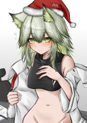 Rule 34 | 1girl, absurdres, animal ear fluff, animal ears, arknights, bare shoulders, black shirt, blush, bottomless, breasts, cat ears, cat girl, cropped shirt, flying sweatdrops, green eyes, green hair, groin, hair between eyes, hat, highres, jacket, kal&#039;tsit (arknights), looking at viewer, material growth, medium breasts, navel, off shoulder, open clothes, open jacket, oripathy lesion (arknights), out-of-frame censoring, pom pom (cheerleading), santa hat, shirt, simple background, solo, stomach, upper body, white background, white jacket, wordsworth owo