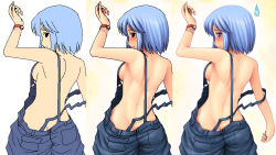 Rule 34 | 1girl, armpits, ass, blue hair, breasts, butt crack, making-of available, multiple views, naked overalls, noise (tsuzuki), original, overalls, pixel art, short hair, sideboob, strap slip, watch, wristwatch