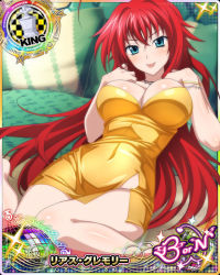 Rule 34 | 1girl, blue eyes, breasts, card (medium), cleavage, dress, gold clothes, high school dxd, large breasts, long hair, red hair, rias gremory, tagme