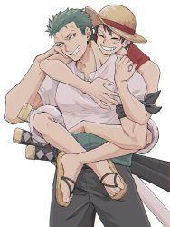 Rule 34 | 2boys, bare shoulders, black hair, carrying, commentary request, earrings, closed eyes, green hair, grin, hat, holding, jewelry, lifting person, looking at another, male focus, monkey d. luffy, multiple boys, muscular, muscular male, nikkkki12, one piece, piggyback, roronoa zoro, sandals, scar, scar across eye, shirt, short hair, short sleeves, simple background, single earring, smile, straw hat, sword, teeth, weapon, white background