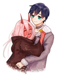 Rule 34 | 10s, 1boy, 1girl, bad id, bad pixiv id, black cloak, black hair, blue eyes, cloak, coat, colored skin, commentary request, couple, darling in the franxx, fur trim, green eyes, hetero, hiro (darling in the franxx), hood, hooded cloak, horns, hug, long hair, oni horns, parka, pink hair, red horns, red skin, short hair, spoilers, victor118, winter clothes, winter coat, aged down, zero two (darling in the franxx)