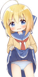 Rule 34 | 1girl, ahoge, ayanepuna, blonde hair, blue bow, blue eyes, blue sailor collar, blue skirt, blush, bow, brown cardigan, cardigan, clothes lift, commentary request, gluteal fold, hair between eyes, hair bow, highres, lifting own clothes, long sleeves, looking at viewer, neckerchief, open cardigan, open clothes, original, panties, parted lips, pleated skirt, red neckerchief, sailor collar, shirt, simple background, skirt, skirt lift, sleeves past wrists, solo, striped clothes, striped panties, sweat, underwear, wavy mouth, white background, white shirt, yuki (ayanepuna)