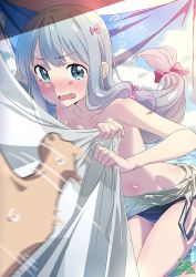 Rule 34 | 1girl, absurdres, blue eyes, blush, bow, clothes pull, eromanga sensei, flying sweatdrops, gradient hair, hair bow, highres, izumi sagiri, long hair, looking at viewer, low-tied long hair, makicha (sasurainopink), multicolored hair, navel, nose blush, one-piece swimsuit, one-piece swimsuit pull, open mouth, pink bow, school swimsuit, silver hair, solo, swimsuit, tearing up, topless, towel, wavy mouth