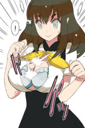 Rule 34 | !, 10s, 1girl, :&gt;, breasts, brown eyes, brown hair, bursting breasts, cleavage, emphasis lines, gatchaman crowds, ichinose hajime, large breasts, mizuta kenji, popped button, short hair, simple background, solo, spoken exclamation mark, wardrobe malfunction, white background