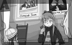 Rule 34 | 2girls, blush stickers, bow, cameo, casual, cellphone, chair, child, closed mouth, expressionless, folding chair, framed, greyscale, hair bow, hair ornament, hat, holding, holding phone, jacket, long hair, long sleeves, looking at another, looking down, low twintails, monochrome, multiple girls, open clothes, open jacket, outdoors, phone, poster (object), raised eyebrows, school hat, smartphone, tareme, toshinou kyouko, twintails, uuo, yuru yuri