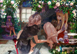 Rule 34 | 3girls, alternate costume, bad id, bad pixiv id, bare legs, barefoot, blonde hair, book, cup, dappled sunlight, female focus, flandre scarlet, flower, garter straps, hat, indoors, instrument, izayoi sakuya, leaf, legs, long hair, maid, maid headdress, multiple girls, on one knee, open book, patchouli knowledge, piano, pink flower, pink rose, purple hair, reading, red eyes, rose, saucer, shade, short hair, side ponytail, silver hair, soaking feet, stairs, striped clothes, striped legwear, striped thighhighs, sunlight, table, tea set, teacup, teapot, tears, thighhighs, tomono rui, touhou, umbrella, vertical-striped clothes, vertical-striped legwear, vertical-striped thighhighs, water