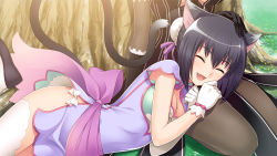 Rule 34 | 10s, 2girls, :d, ^ ^, absurdres, animal ears, armpit peek, asymmetrical clothes, bare arms, black gloves, black hair, blade arcus from shining, bow, bowtie, breasts, brown dress, bun cover, cat ears, cat tail, china dress, chinese clothes, choker, cleavage, closed eyes, day, double bun, dress, eyebrows, fang, flower, frilled gloves, frills, fringe trim, game cg, gloves, grass, hair between eyes, hair bun, happy, headpat, highres, knees up, lap pillow, legs, long sleeves, lying, lying on lap, maxima sakuya enfield, multiple girls, no panties, open mouth, pantyhose, ribbon, seiza, shaomei rin, shining (series), shining blade, shining hearts, shirt, shoes, short dress, short hair, sitting, smile, solo focus, striped clothes, striped dress, tail, taut clothes, taut shirt, thighhighs, tongue, tony taka, tree, white gloves, white legwear