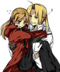 Rule 34 | 00s, 2boys, alphonse elric, androgynous, arm around neck, bad id, bad pixiv id, blonde hair, blush, brothers, carrying, edward elric, fullmetal alchemist, gloves, grin, male focus, mitsu yomogi, multiple boys, musical note, open mouth, ponytail, princess carry, siblings, smile, sweatdrop, yellow eyes