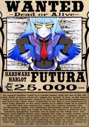 Rule 34 | 1girl, angry, blue hair, english text, futura (mhfap), highres, mhfap, monster girl, punishedkom, robot, wall of text, wanted poster, yellow eyes