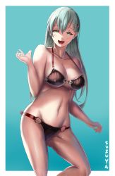 Rule 34 | 10s, 1girl, bikini, black bikini, breasts, character name, cleavage, covered erect nipples, ere (2516325), female focus, green eyes, green hair, highres, kantai collection, large breasts, long hair, matching hair/eyes, navel, o-ring, o-ring bottom, open mouth, simple background, smile, solo, suzuya (kancolle), swimsuit, thighs