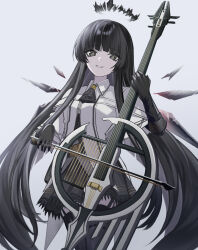 Rule 34 | 1girl, absurdres, arknights, black eyes, black gloves, black hair, black skirt, bow (weapon), commentary, cowboy shot, gloves, grey background, halo, highres, holding, holding bow (weapon), holding instrument, holding weapon, instrument, jacket, kit (kit7lq), long hair, looking at viewer, simple background, skirt, smile, solo, virtuosa (arknights), weapon, white jacket, wings