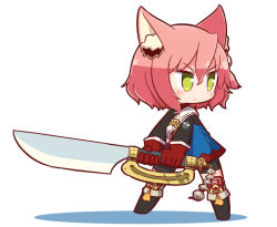 Rule 34 | 1girl, 7th dragon, 7th dragon (series), animal ears, black socks, blush, cat ears, chibi, closed mouth, fighter (7th dragon), full body, gloves, green eyes, harukara (7th dragon), holding, holding sword, holding weapon, kneehighs, looking away, naga u, pink hair, red gloves, short hair, simple background, socks, solo, sword, weapon, white background