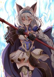Rule 34 | &gt;:), 10s, 1girl, animal ears, armor, armored dress, blush, braid, breasts, brown eyes, cape, cat ears, cleavage, closed mouth, cowboy shot, dress, erune, granblue fantasy, hair between eyes, hair intakes, hair tubes, hairband, heles, highres, holding, holding weapon, indo (mdtanaka2007), long hair, looking at viewer, medium breasts, short dress, silver hair, single braid, smile, solo, thighhighs, v-shaped eyebrows, very long hair, weapon, white dress