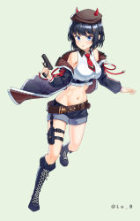 Rule 34 | 1girl, absurdres, bare shoulders, belt, beret, black footwear, black hair, black jacket, black shorts, blue eyes, boots, breasts, brown hat, collared shirt, crop top, cross-laced footwear, fake horns, full body, groin, gun, handgun, hat, highres, holding, holding gun, holding weapon, horned headwear, horns, jacket, knee boots, large breasts, long sleeves, looking at viewer, loose belt, lu b, midriff, navel, necktie, off shoulder, open clothes, open jacket, original, parted lips, shirt, short hair, short necktie, short shorts, shorts, sleeveless, sleeveless shirt, solo, stomach, thigh strap, thighs, weapon, white shirt
