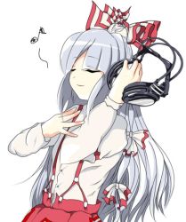 Rule 34 | 1girl, bow, closed eyes, female focus, fujiwara no mokou, hair bow, headphones, listening to music, long hair, multiple hair bows, musical note, quaver, silver hair, simple background, smile, solo, suspenders, touhou, white background