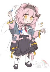Rule 34 | 1girl, arknights, black bow, black choker, black footwear, black hairband, black skirt, blue bow, blush, bow, braid, cheng junyun, chinese commentary, choker, commentary request, full body, goldenglow (arknights), hair bow, hair ornament, hairband, hairclip, highres, jacket, lightning bolt symbol, long sleeves, mary janes, parted lips, pink hair, puffy long sleeves, puffy sleeves, shirt, shoes, side braid, simple background, single braid, skirt, socks, solo, white background, white shirt, white socks, yellow eyes