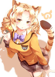 Rule 34 | 10s, 1girl, absurdres, animal ears, blonde hair, bow, bowtie, commentary request, drill hair, flower, garter straps, golden tabby tiger (kemono friends), highres, japari symbol, kanzakietc, kemono friends, looking at viewer, plaid, plaid skirt, pleated skirt, simple background, skirt, solo, tail, tiger ears, tiger tail
