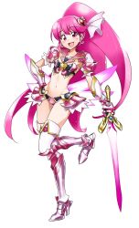 Rule 34 | 10s, 1girl, :d, adapted costume, aino megumi, armor, armored boots, bikini armor, blush, boots, cure lovely, full body, gloves, hair ornament, happinesscharge precure!, high heel boots, high heels, highres, holding, holding sword, holding weapon, jewelry, knee boots, kurose kousuke, long hair, looking at viewer, magical girl, midriff, open mouth, pink eyes, pink hair, ponytail, precure, shoulder pads, simple background, smile, solo, very long hair, weapon, white background
