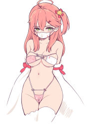 Rule 34 | 1girl, ahoge, bare shoulders, bell, bikini, breasts, collarbone, detached sleeves, green eyes, hair ornament, hairclip, highres, hololive, long hair, looking at viewer, mask, mask bikini, mask on breasts, mask on groin, mouth mask, navel, pink hair, sabaku chitai, sakura miko, solo, swimsuit, virtual youtuber, white background, x hair ornament