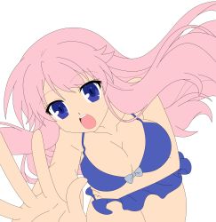 Rule 34 | 1girl, absurdres, baka to test to shoukanjuu, bikini, blue eyes, breasts, highres, himeji mizuki, long hair, open mouth, pink hair, simple background, swimsuit, thighs, third-party edit, vector trace